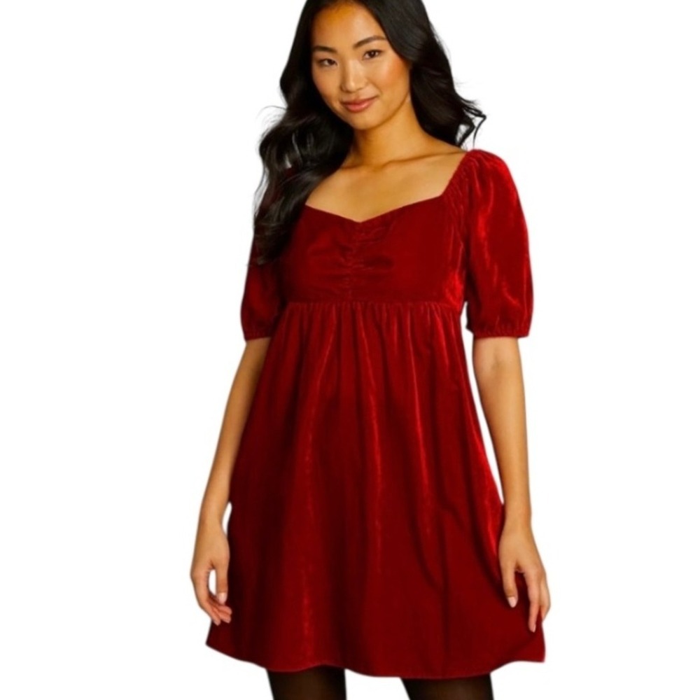 ModCloth Red Velvet Ruched Square‎ Neck Puff Sleeve Smocked Babydoll Dress L